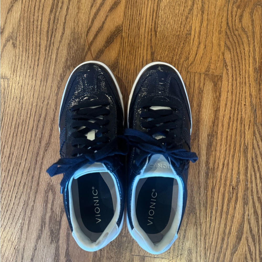 Vionic Navy Patent Leather Lace-Up Sneakers with White Trim